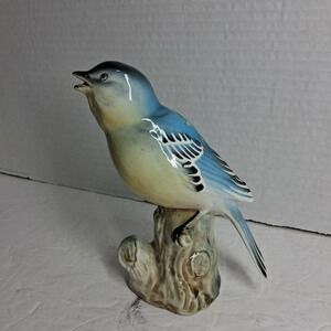 VTG Trimont Ware Japan Ceramic Blue Yellow Bird Figurine Perched on Stump